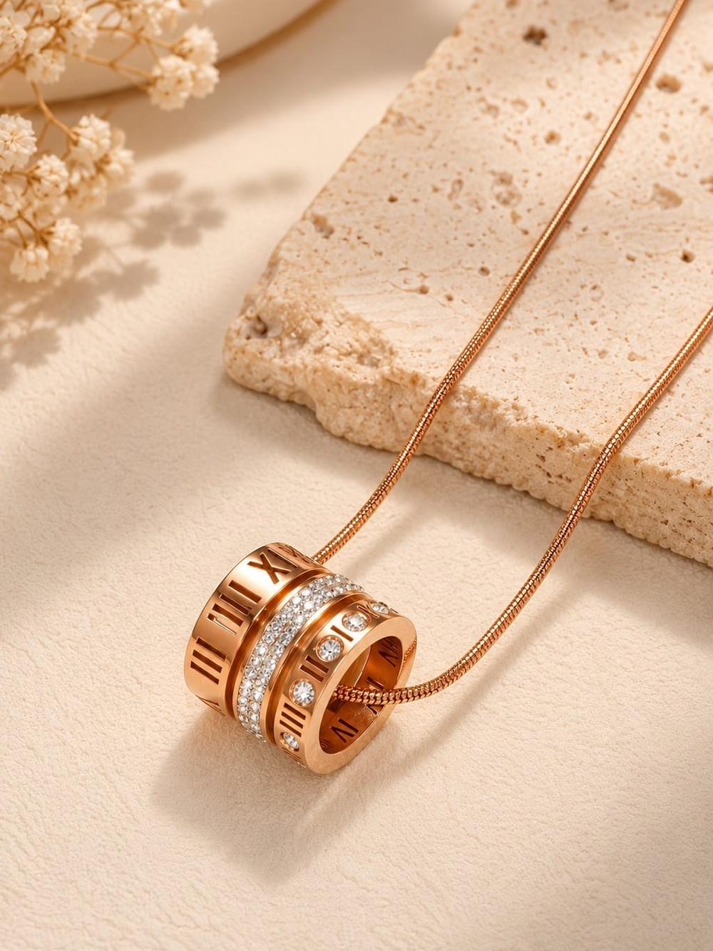 Rose Gold Crystal Roman Numeral Pendant Necklace